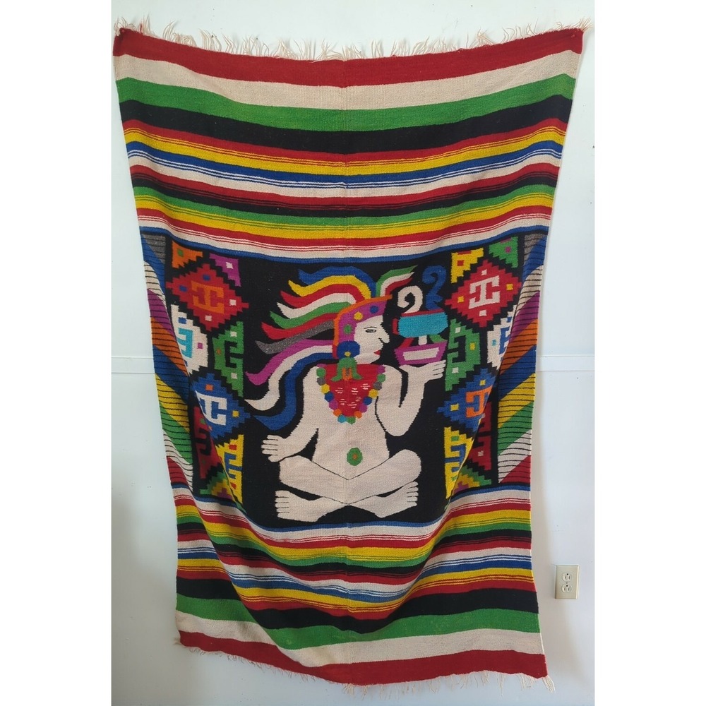 VINTAGE 1960'S HAND WOVEN MEXICO MULTICOLOR WOOL BLANKET